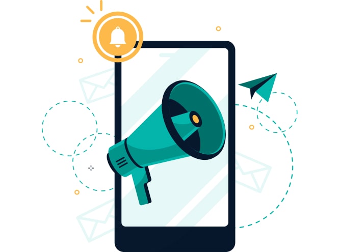 a loud speaker pop up from a smart phone screen with a notification bell floating on the top left corner of the phone