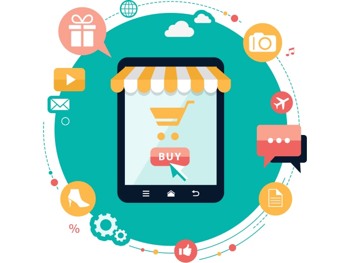 iPad e-commerce with a buy button on the screen and surrounded by the online purchase icons