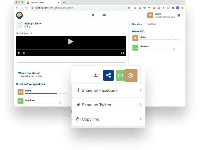 share options for on individual episode transcription page