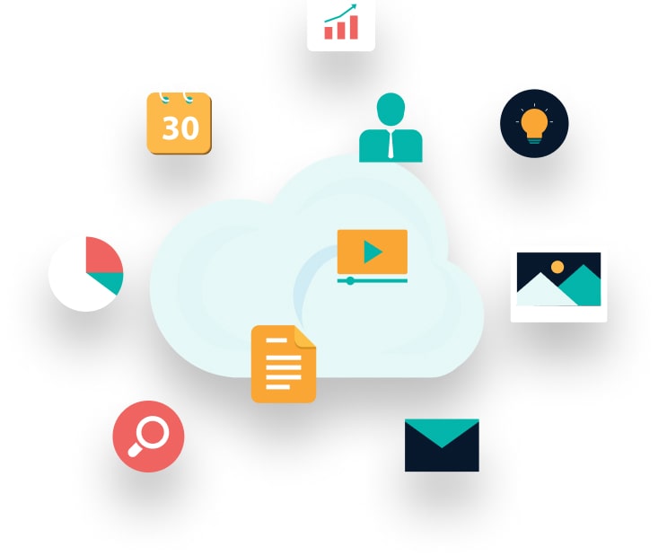 illustration of cloud with all types of elements flying around it