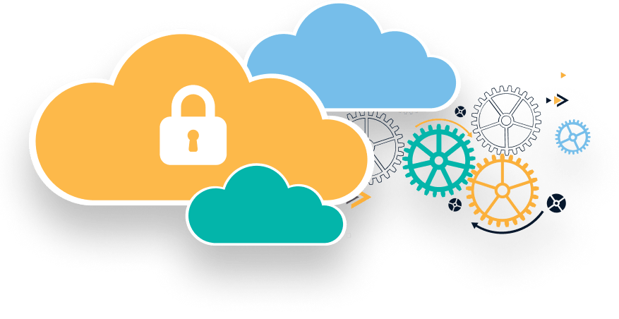 illustration of a group of cloud with a lock inside and surrounded by gears