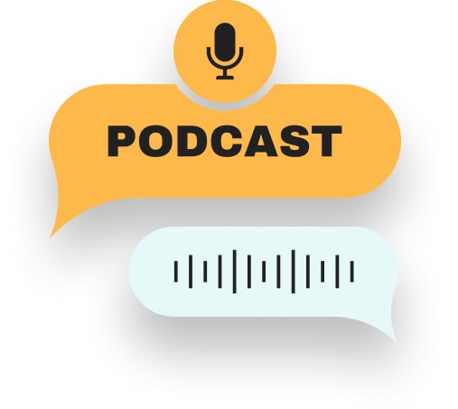 two speech bubble one with podcast inside, the other with sound wave inside