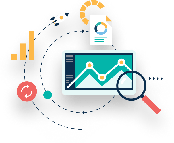 Illustration of SEO friendly elements surround a browser