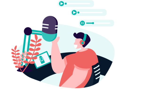 an illustration of a podcast with downloading progress bars floating above his head