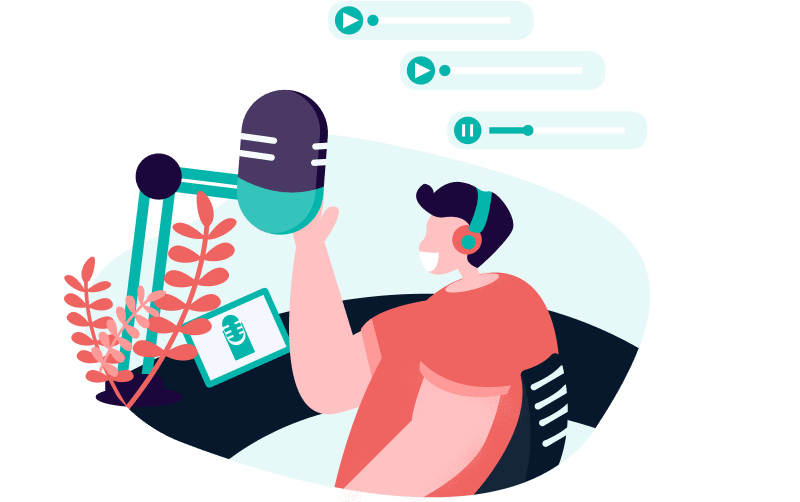 an illustration of a podcast with downloading progress bars floating above his head